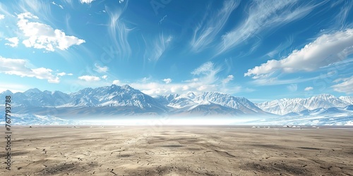 Snowy mountains steppe blue transparent sky light clouds landscape background photo