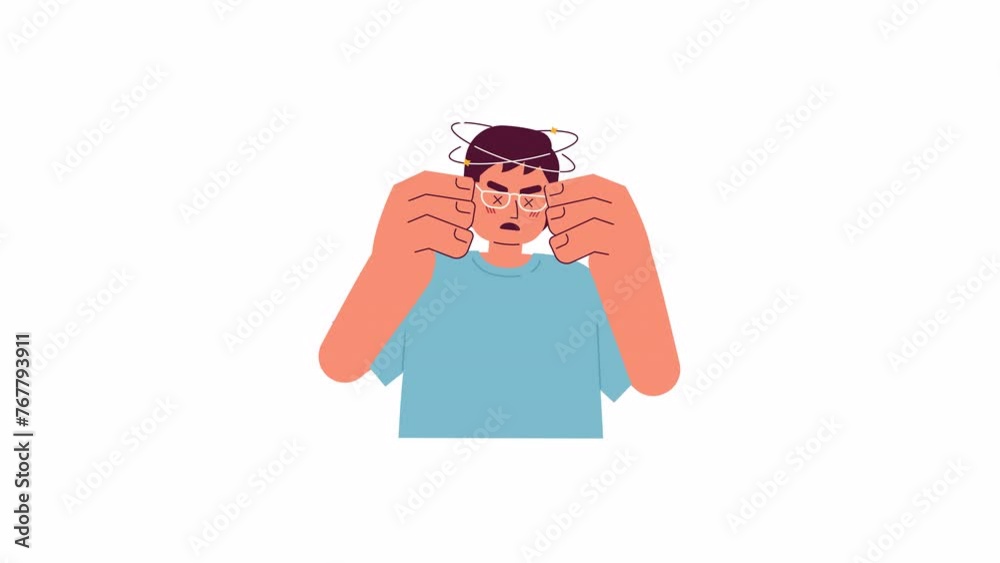 Man suffering from vertigo 2D character animation. Symptom of heat