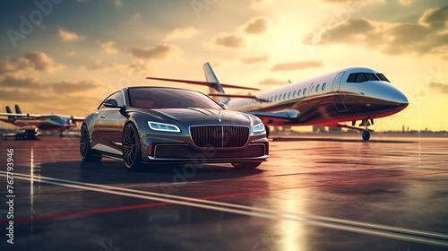 Super car and private jet on landing trip Business class over the sunset background