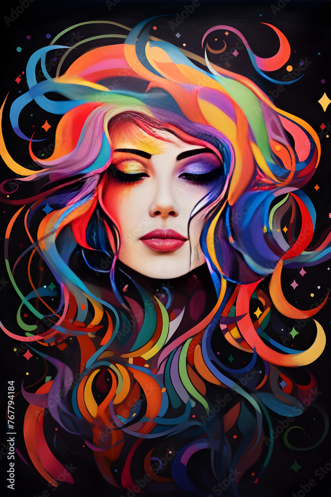Cosmic Curiosity: Abstract Image of a Woman with Vibrantly Colored Galaxy-Inspired Hair Merging into Geometric Shapes