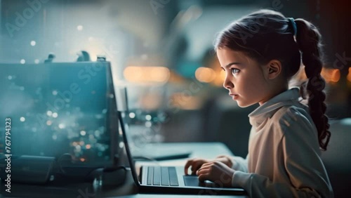 Girl working happily using laptop By combining technology with education photo