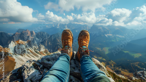 Hiking Couple Resting on Mountain Summit - Outdoor Adventure Travelers Enjoying Scenic Landscape View with Feet Clad in Hiking Shoes © CanvasPixelDreams