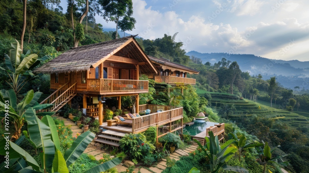 Wooden lodge on a hill in a tropical rainforest in the countryside