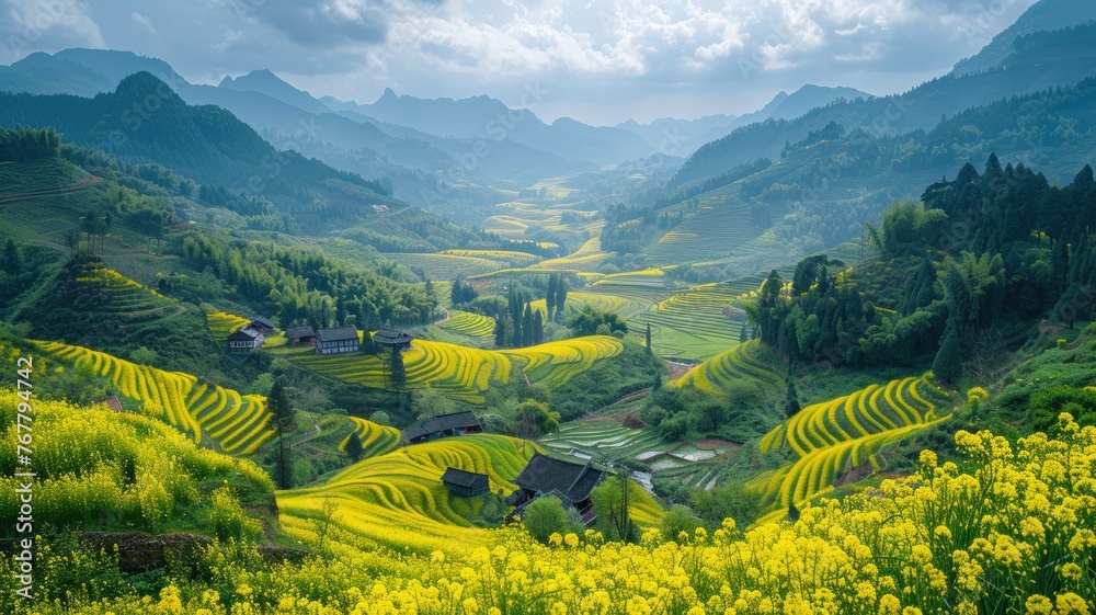 Lush green terraces with blooming rapeseed flowers - Terraced hills showcase nature's vibrant canvas with blossoming yellow rapeseed against a mountainous village landscape under a hazy sky
