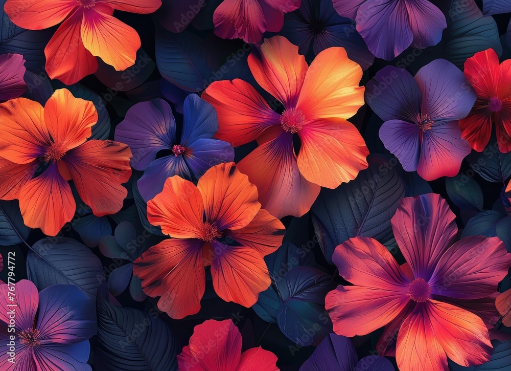 Lush orange hibiscus floral digital artwork - Rich, orange hibiscus flowers bloom vibrantly against a dark, leafy background in this beautifully detailed digital floral artwork