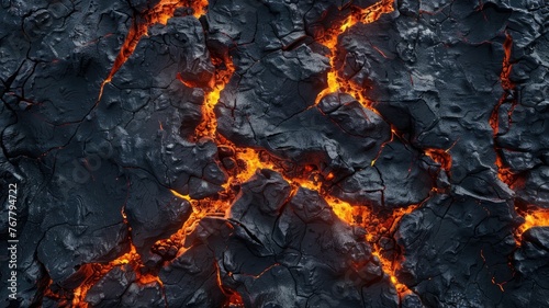 Lava flowing through cracked volcanic rocks - Vivid orange lava flows through the deep cracks of dark  cooled volcanic rocks  depicting nature s contrasting forces