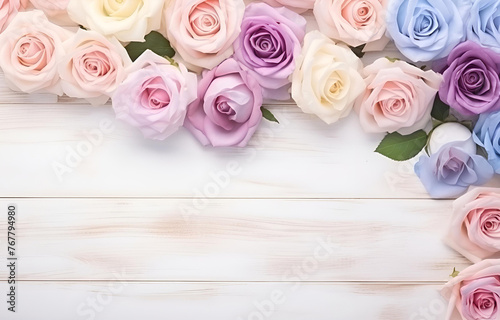 rainbow pastel rose flowers on white wooden table soft light for © Oleksiy