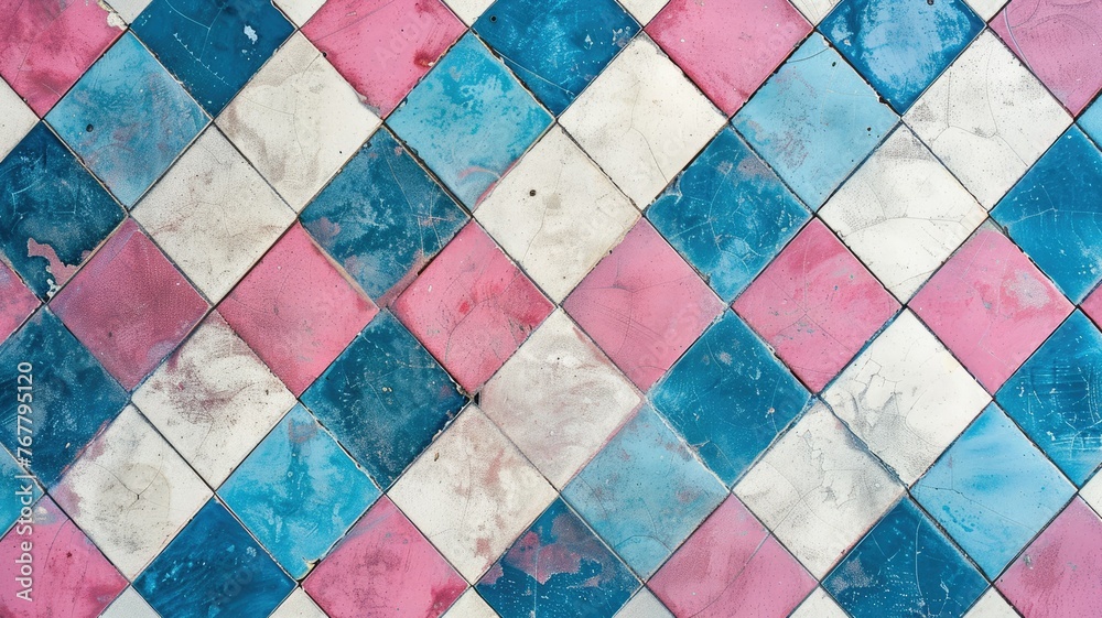 Pattern of pink and blue worn tiles - A worn-out tile pattern with alternating pink and blue colors, evoking a retro and urban feel Pattern of pink and blue worn tiles - A worn-out tile pattern with alternating pink and blue colors, evoking a retro and urban feel