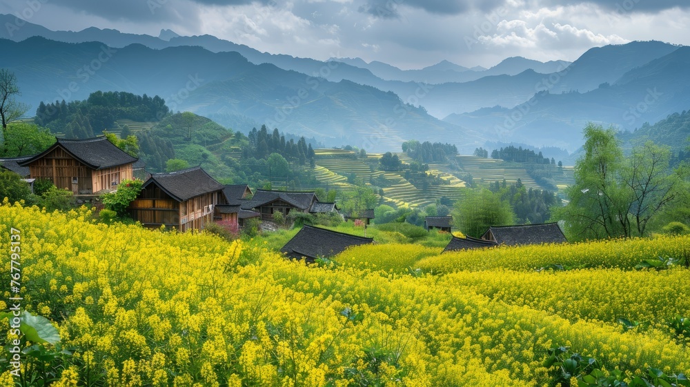 Picturesque mountain village with terraced fields - Overlooking a scenic village, terraced fields of yellow rapeseed flowers cascade through lush green mountains under a soft sky
