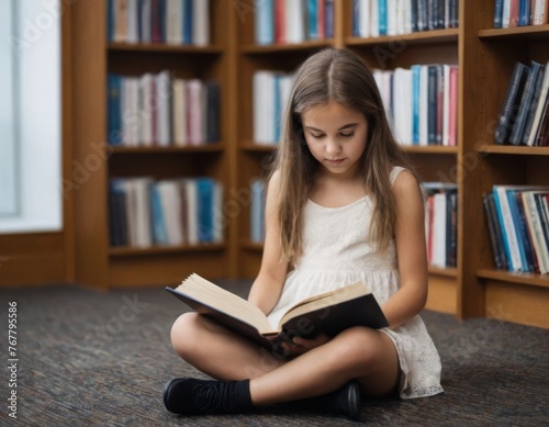 A young girl is sitting on the floor reading a book. She is wearing a white dress and has long hair. The room is filled with bookshelves, and there are many books on the shelves