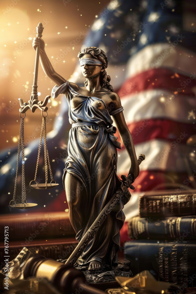 Statue of Lady Justice with blurred face - A statue of Lady Justice stands holding scales and a sword in front of the American flag, blurred face excluded, signifying order and law - obrazy, fototapety, plakaty 