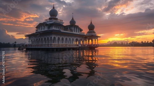 Floating mosque with unique architecture at sunset and looks very beautiful