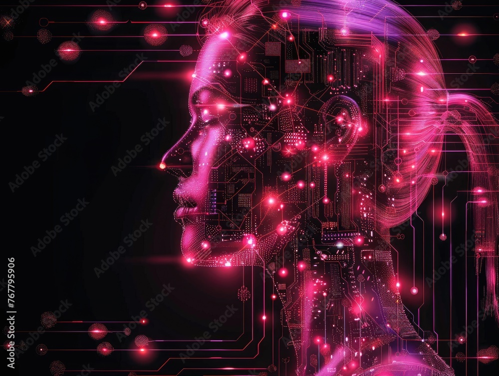 Vibrant cybernetic brain concept in neon colors - Pink and red neon abstract background portraying a conceptual cybernetic brain with glowing connections and futuristic elements