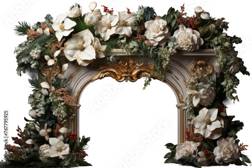 A Hearth Adorned: a Blossoming Fireplace. On a White or Clear Surface PNG Transparent Background.