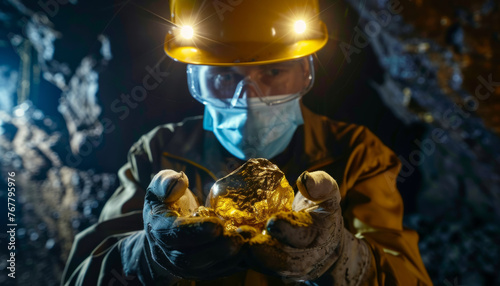 Miners hold rare gold ore in their hands against the backdrop of a cave in the mine.