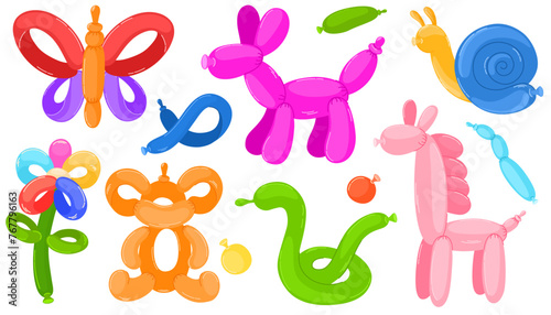 Balloon pets set. Cartoon helium animal characters, colorful bubble animals. Toys for kids festival, birthday party. Entertainment equipment, butterfly, flower, pets. Vector hand draw illustration 