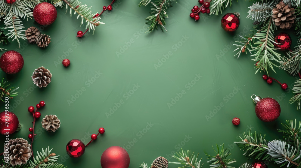 Fir branches with baubles and cones on green background. Flat lay. Space for text. Christmas template for design