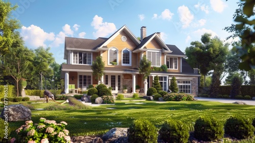 suburban home with beautiful front lawn on a sunny day with landscapers working  hyper realistic. landscapers clearly visible. view from right side of house  