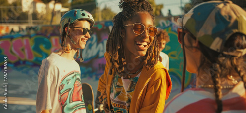 Youthful skateboarders sharing joyful moments at vibrant graffiti park during sunny afternoon. Friendship and active lifestyle.