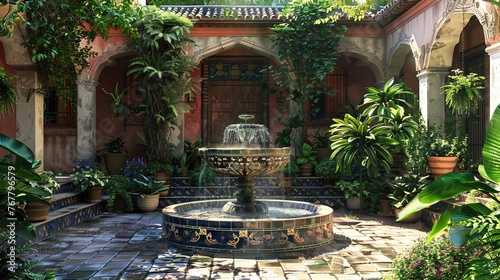 A sun-drenched courtyard of a Spanish hacienda, adorned with colorful tiles, lush greenery, and a tranquil fountain at its center.