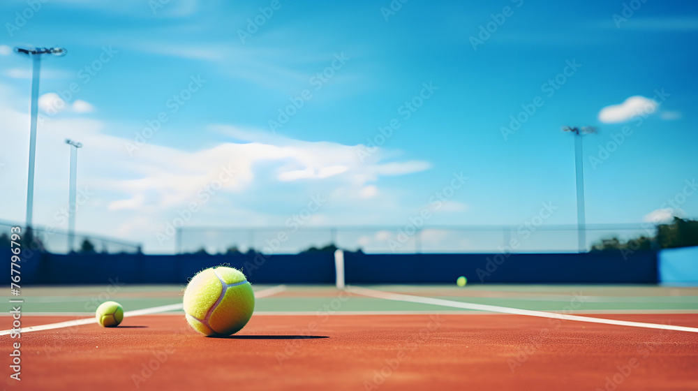 sunny day on the tennis court with a tennis ball and racket in the blue sky background  tennis ball on the court

 - obrazy, fototapety, plakaty 