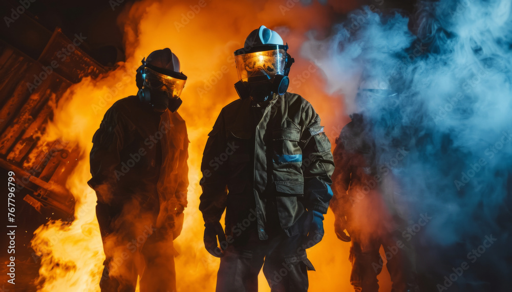 Working miners in equipment and masks in a mining mine against the backdrop of a cave.