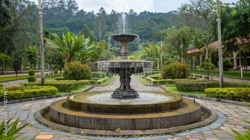 Fountain in the middle of very beautiful flower plants