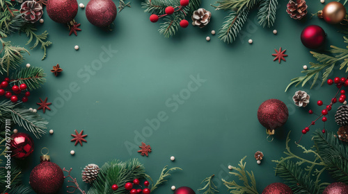 Fir branches with baubles and cones on green background. Flat lay. Space for text. Christmas template for design