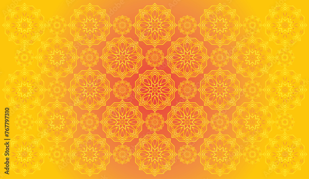 vector gradient light sun gold colours background with a pattern of mandala arabic calligraphy geometric islamic ornament decor frame eid ramadan - obrazy, fototapety, plakaty 