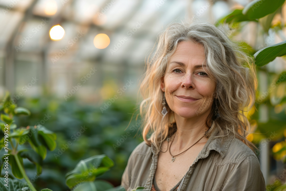 A woman with long hair is smiling in a greenhouse. She is wearing a necklace and earrings. Portrait of a middle aged woman in a greenhouse A woman with long hair is smiling in a greenhouse. She is wearing a necklace and earrings. Portrait of a middle aged woman in a greenhouse