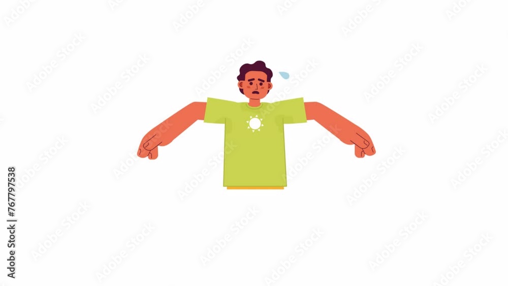 Exhausted man breaking sweat 2D character animation. Summer heat discomfort flat cartoon 4K video, transparent alpha channel. Hispanic male with dripping sweat animated person on white background Exhausted man breaking sweat 2D character animation. Summer heat discomfort flat cartoon 4K video, transparent alpha channel. Hispanic male with dripping sweat animated person on white background