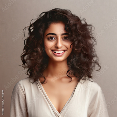 portrait image of Indian fair skin woman with curly hair in an isolated background