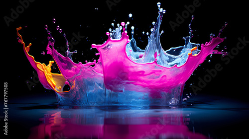 Splashing water on neon background