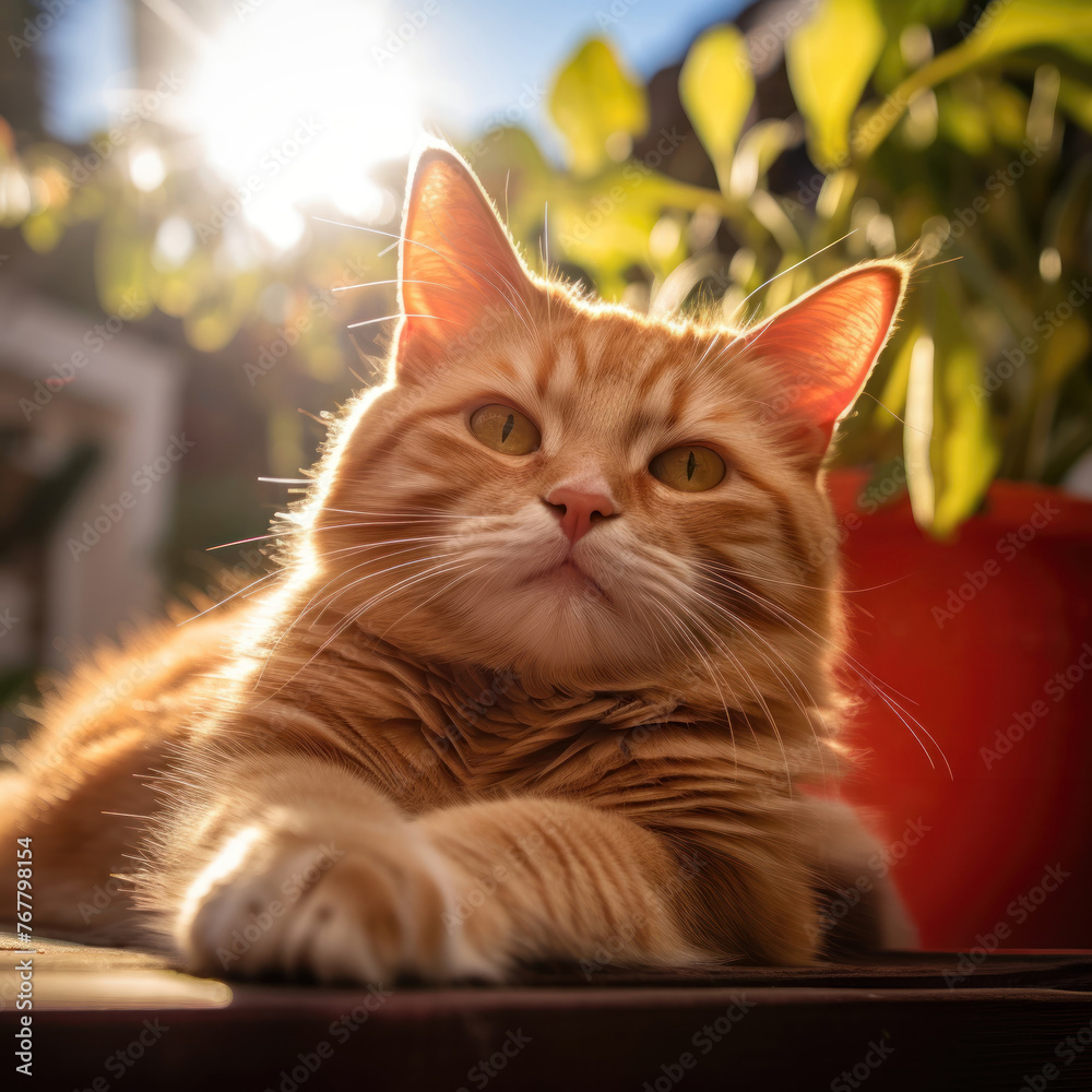 Closeup captivating gaze of a ginger cat in the warm afternoon sun