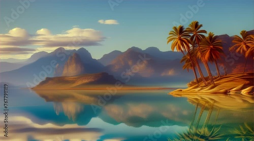 Wallpaper Mural Tropical sunset by the sea with palm trees and mountains. Torontodigital.ca