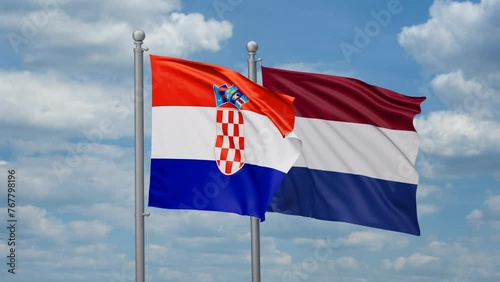 Netherlands and Croatia two flags waving together, looped video, two country relations concept photo