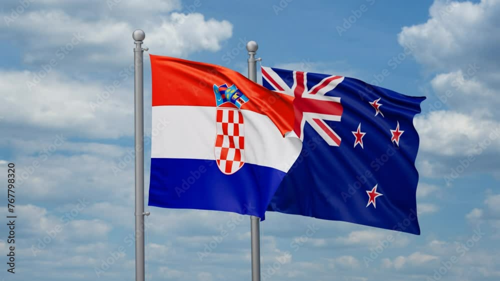 New Zealand and Croatia two flags waving together, looped video, two country cooperation concept