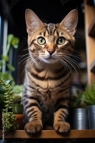 Portrait of a cat among houseplants