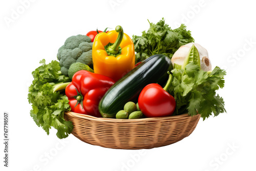Bountiful Harvest  A Colorful Array of Fresh Vegetables in a Rustic Basket. On a White or Clear Surface PNG Transparent Background.