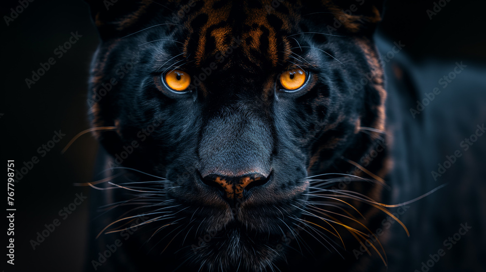 A Black Leopard In a Close-Up, Looking towards camera With Its Beautiful Eyes,a black background