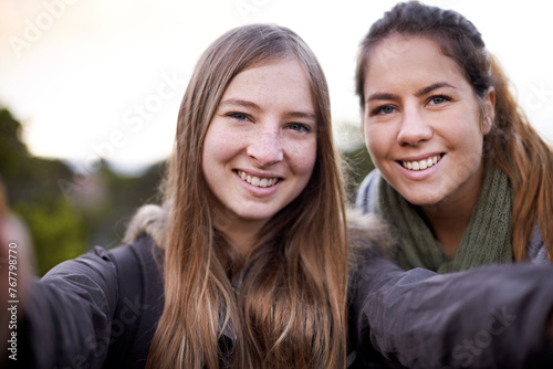 Woman, friends and portrait selfie for hiking adventure or social media post, trekking or countryside. Female people, face and smile for mountain fitness or environment exercise, travel or outdoor