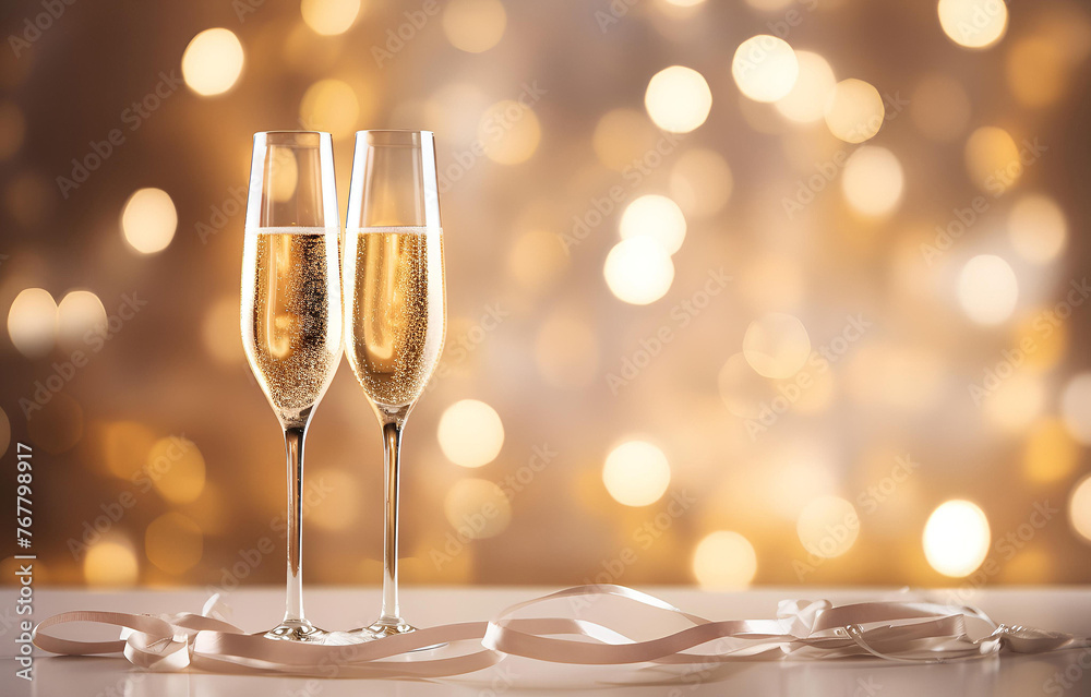 champagne flutes on white holiday table decor with bokeh backgro champagne flutes on white holiday table decor with bokeh backgro