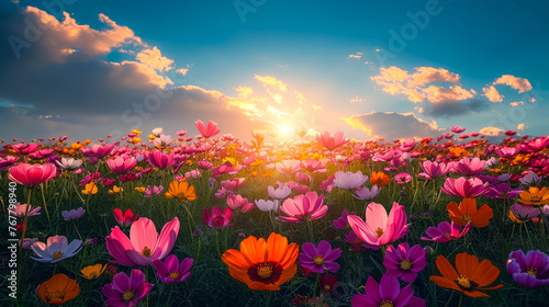 Field Of Flowers In Sunset Wildflowers Meadow Golden Hour Glow Mountain And Stormy Cloudy Sky Background © KAI