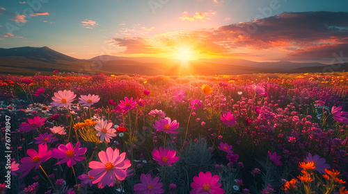 Field Of Flowers In Sunset Wildflowers Meadow Golden Hour Glow Mountain And Stormy Cloudy Sky Background