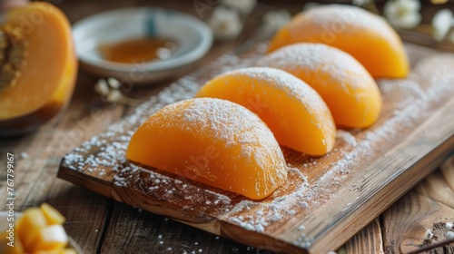 Mango mochi on a wooden board with din leaves on top. closeup photo