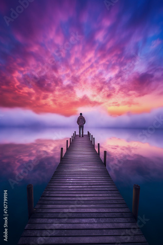 A person stands on a dock amidst serene waters under a vibrant, colorful sky at dusk, creating a tranquil and reflective atmosphere