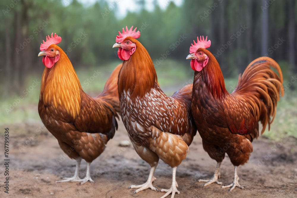 Portrait of a roosters in forest, on a ranch in the village, rural surroundings against the background of spring nature