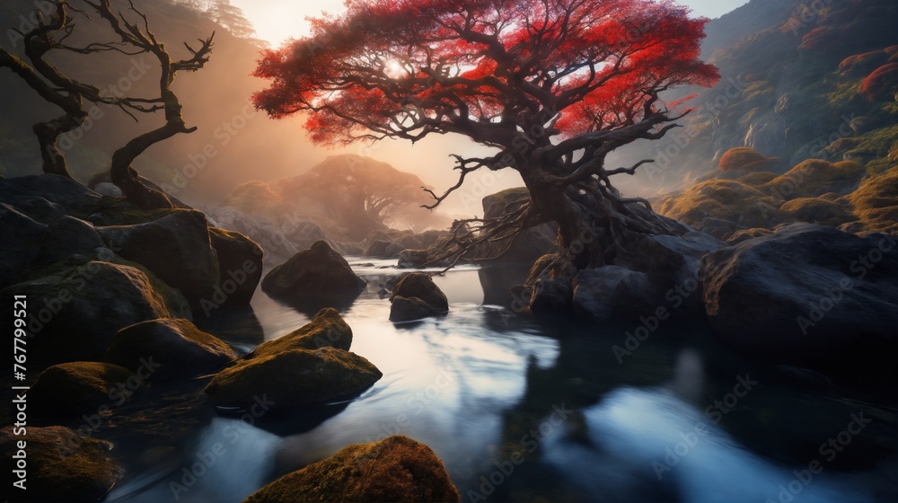 Fototapeta premium a beautiful summer landscape, a brook in a forest, leaves and grass in a forest glade at sunset, sunlight and beautiful nature