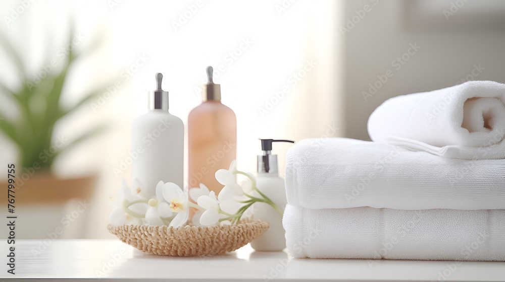 Roll up of white towels with shampoo bottles and liquid soap bottles on table Bathing products in bathroom and spa shampoo with shower gel for cosmetic