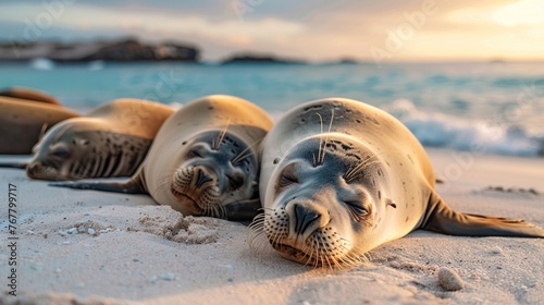 A seal is sleeping on the beach